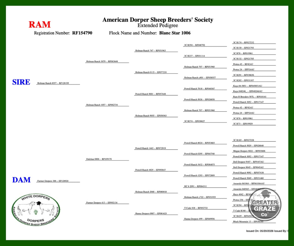ADSBS registration certificate and pedigree for Blanc Star 1006 RF154790